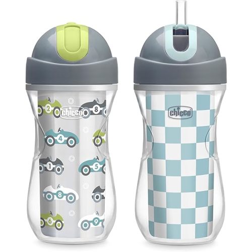 Chicco Flip-Top Straw Cup 9oz | Insulated Toddler Sippy Cup with Soft Silicone Straw | No-Spill | Easy-Clean | BPA-Free | 2pk | For Ages 12+ Months | Cars/Checker