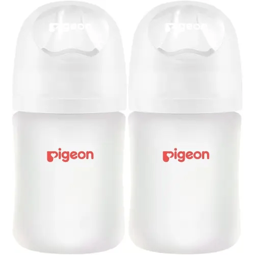Pigeon Silicone Coating (Glass Inside/Silicone Outside) Baby Bottle, Wide Neck, Streamlined Body, Natural Feel, Easy to Clean, Heat-Resistant, 5 Oz (Pack of 2), Includes 2 pcs SS Nipples (0m+)