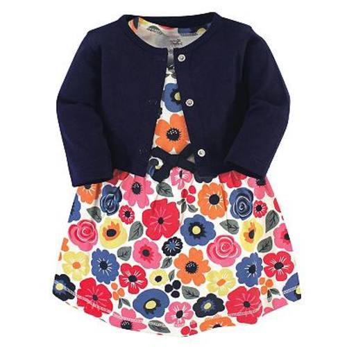 Touched by Nature Baby and Toddler Girl Organic Cotton Dress and Cardigan 2pc Set, Bright Flower