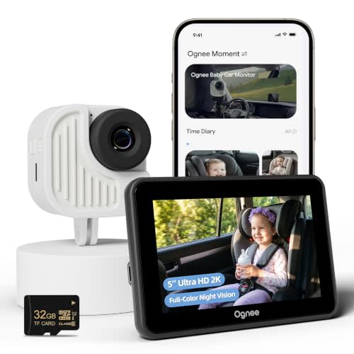 Ognee Baby Car Camera, Wirless 2K Crystial Clear Color Night Vision | Carseat Camera for Baby with Ambient Light, Touch Screen, Smart Video Capture & App Control, Local storage with 32G SD Card