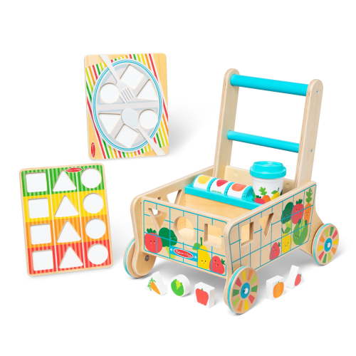 Melissa & Doug, Wooden Shape Sorting Grocery Cart Push Toy, 16 Pieces