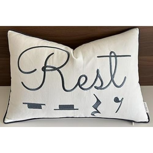 Rest Sentiment Cotton Embroidered Decorative Lumbar Accent Throw Pillowcase - Gift for Music Lover, Bedroom Decor - 12x18 Inches, Offwhite