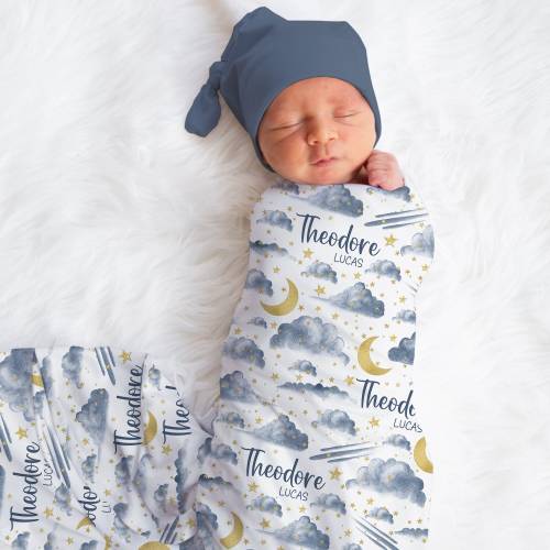 Personalized Moon Swaddle Blanket Moon & Stars Name Baby Blanket Newborn Baby Boy Coming Home Outfit Hospital Photo Outfit Baby Shower Gift
