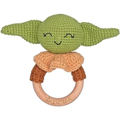 DICHA Wooden Baby Rattle-Crochet Baby Rattle- Infant Rattle Sensory Development Wooden Toys Set-Includes Beech Wooden Teething Ring- Baby Teether Green Alien Style