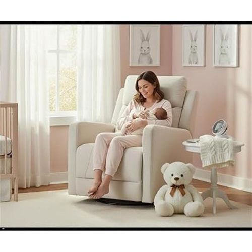 Pemberly Row Premium Fabric Glider Power Recliner Nursery Rocking Chair for Living Room, Kids Room, Rocker Swivel Recliner with USB Port in Cream