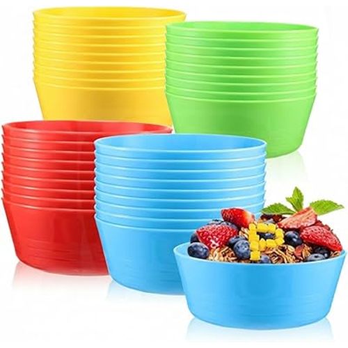 Yinder 36 Pcs Kids Bowl sets 10 oz Kids Plastic Bowls Colorful Toddler Microwave Dishwasher Safe Cereal Salad Dessert Soup for Home Parties Events School, Red Green Blue and Yellow