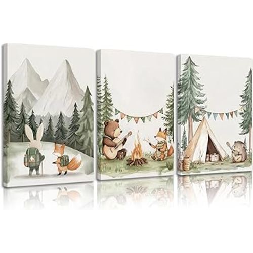 Woodland Animal Nursery Canvas Wall Art Fox Bear Rabbit Hedgehog Paintings Pictures Safari Nursery Wall Decor Forest Animals Camping Campfire Poster Print Artwork for Boys Kids Room Home Decoration