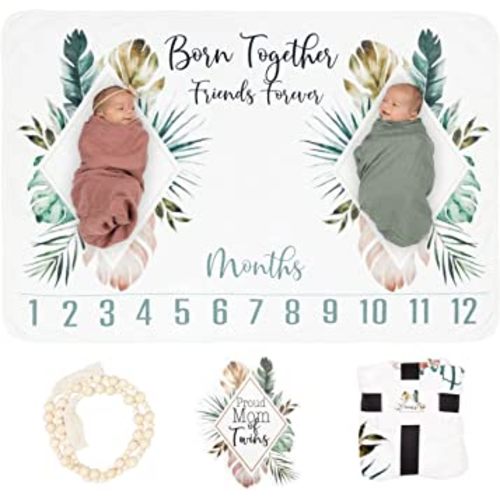 Twins Monthly Milestone Blanket with Boho Beads Frame & Proud Mom's Sticker - Unisex Twins Babies Essentials - 40 x 60 Large Flannel Blanket, Photography Backdrop Photo Prop for Boy & Girl