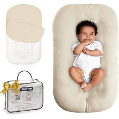 Baby Lounger for Newborn - Snuggle Cozy Me Lounger | Breathable Soft Cotton, 0-24 Months Portable Playtime Baby Nest, Newborn Baby Essentials Gifts- Coffee (1 Lounger + 1 Cover)