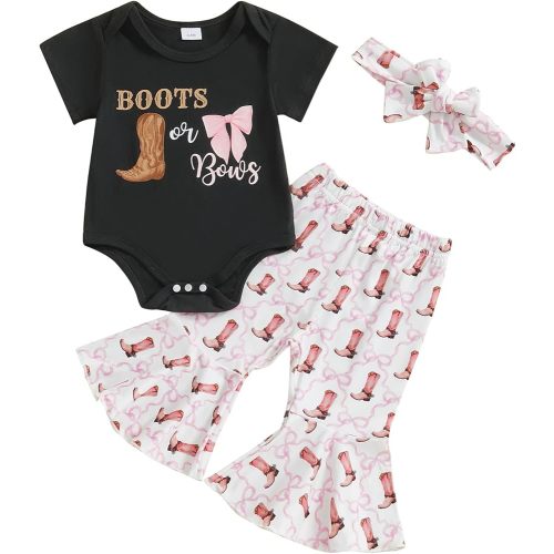 SAYOO Western Baby Girl Clothes Boots or Bows Letter Bodysuit Romper Cow Print Flared Pants Headband Cowgirl Country Outfit