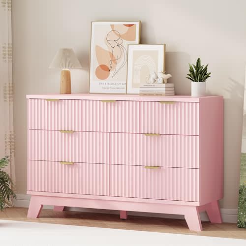 Xixini Fluted Dresser for Bedroom with 7 Drawers, 48" Wide Modern Chest of Drawers with Metal Handle, Wood Dresser TV Stand, Wooden Closet Clothes Storage Organizer for Living Room, Hallway, Pink