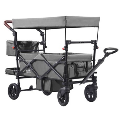 VEVOR Wagon Stroller for 2 Kids,Push Pull Quad Collapsible Stroller with Handle,Encircling Harness Removable Canopy,4 Wheels w/ Brakes,Dark Gray&Black