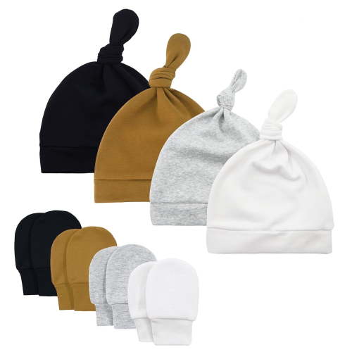 Cotton Infant Beanie Mitten Sets Knot Newborn Girl Cap Soft Baby Boys Girls Beanies Toddler boy winter Hats and Gloves 4 Sets for 0-6 Months