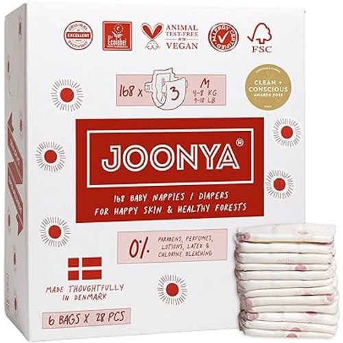 Joonya Baby Diapers, Size 3 M (9-18 lb) - 6 Bags of 28 (168) - Non Toxic, Eco-Friendly, High Absorbency, Overnight Use, Ultra Slim & Soft - Made in Denmark