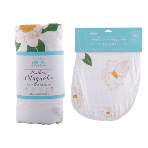 Gift Set: Southern Magnolia Baby Muslin Swaddle Blanket and Burp Cloth/Bib Combo - Little Hometown