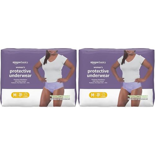 Amazon Basics Postpartum Incontinence Underwear for Women, Maximum Absorbency, Disposable, Fresh Protection, Odor Control, Comfortable Fit, Medium, Lavender, 20 Count (Pack of 2)