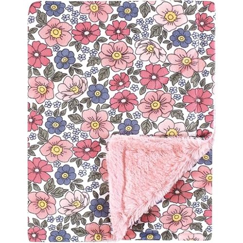 Hudson Baby Unisex Baby Plush Blanket with Furry Binding and Back, Pink Blue Pretty Floral, One Size