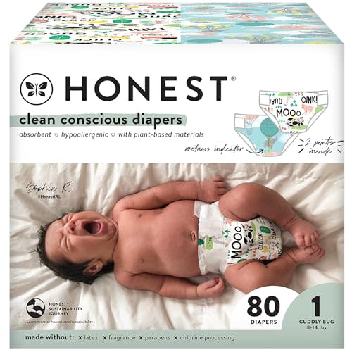 The Honest Company Clean Conscious Diapers Plant-Based Sustainable Above It All and Barnyard Babies Club Box Size 1 8-14 lbs 80 Count