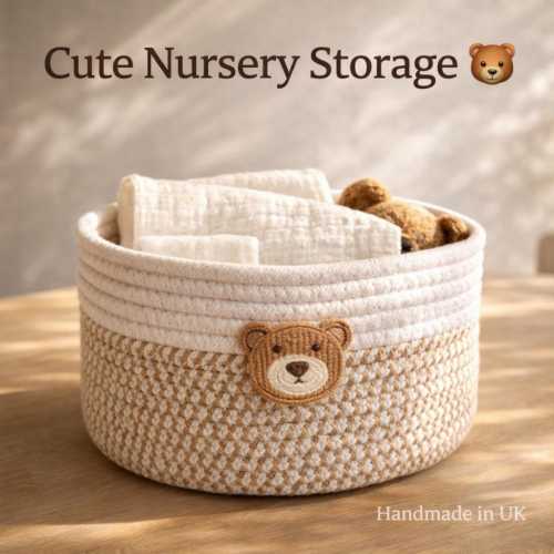 Nursery Storage Basket, Baby Gift, Woven Cotton Basket, Cute Teddy Bear Storage, Neutral Home Decor, Nappy Organiser, Baby Shower Gift UK