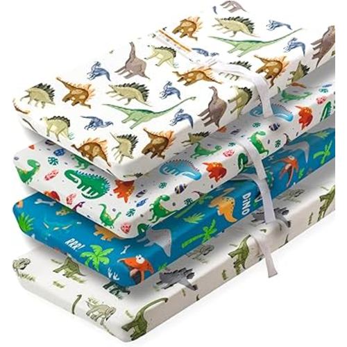 4 Pack Baby Boy Changing Pad Covers Sheets Set Soft Fitted Baby Boy Mattress Covers Construction Truck or Dinosaur Theme Breathable Toddler Sheets for Infant Boys (Dinosaur, Changing Pad Covers)