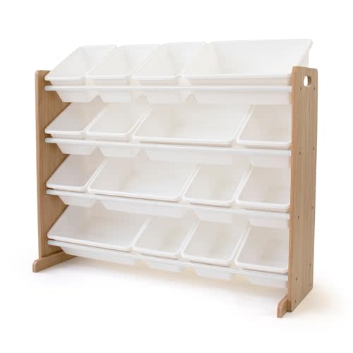 Humble Crew Kids Toy Organizer with 16 Bins, 4 Tier Storage for Playroom | Sturdy wood and steel toddler shelf, removable BPA-free containers, wall anchor anti-tip safety kit for bedroom or classroom