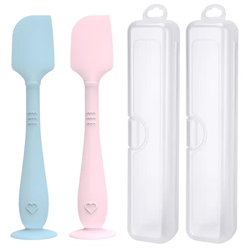 2 Pack Diaper Cream Spatula with Hygienic Travel Case, Butt Spatula Baby with Suction Base, Baby Butt Paste Spatula, Soft Silicone Diaper Rash Cream Applicator Large Size (Blue & Pink)
