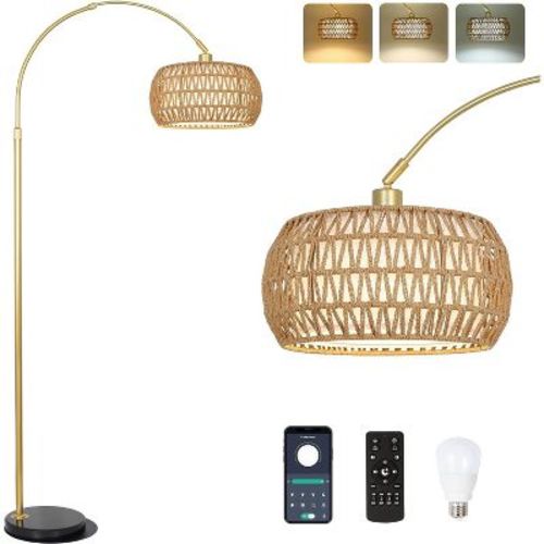 GDFStudio Cadley Modern Adjustable Arc Floor Lamp with Rattan and Fabric Dual Shades, Brown/Gold