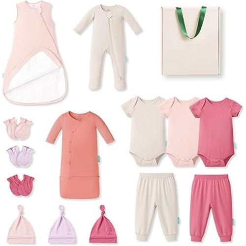PurComfy Bamboo Newborn Clothes Gift Set: 14-Piece Layette with Sleep Sack, Baby Girl Essentials — Bamboo Lover Set