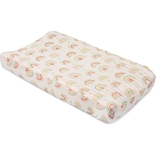 Crane Baby Quilted Changing Pad Cover, 100% Cotton Sateen, 16 X 32, Secure Elastic Fit, Machine Washable, Pink Rainbow Nursery Decor for Girls