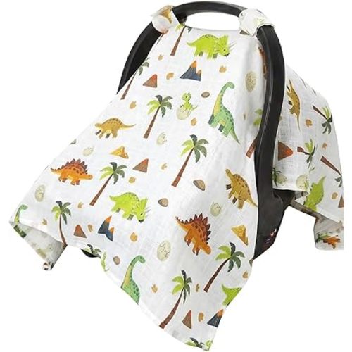Rquite Car Seat Cover Baby Girl Boy, Muslin Cotton Carseat Covers, Breathable Infant Canopy/Baby Carrier Cover/Stroller Sun Shade, Fit Spring Summer & Hot Days & Warm Weather