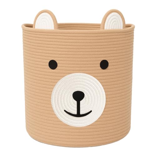 Baby Laundry Basket, Bear Basket, Baby Shower Baskets, Bear Gift Baskets for Kids, Nursery, Toy Storage, Cotton Rope Hamper with Handles (Light Brown, 13" D x 15" H)
