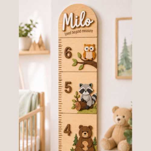 Personalized Woodland Growth Chart for Baby Room with Milestone markers, Layered Custom Wooden Height Ruler, Forest Nursery Wall Decor