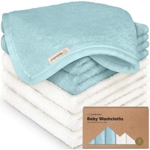 6-Pack Baby Washcloths - Soft Absorbent Viscose from Bamboo Wash Cloths for Babies, Kids, Toddlers, Infant, Newborn Bath Towels, Gentle on Sensitive Skin, 10x10 Reusable Face Towels (White/Sky)