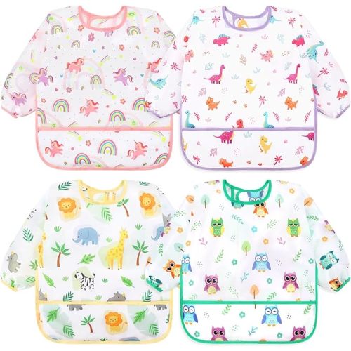 Accmor 4 Pack Long Sleeve Bibs, Baby Smock Waterproof Sleeved Bib Smock for Baby Toddler 6-36 Months