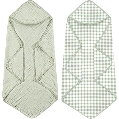 Hahafelt 2 Pack Muslin Hooded Baby Towels 100% Muslin Cotton, Green