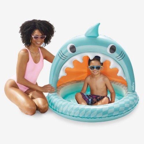 Funsicle Shark Jaws Bay Shaded Inflatable Kids Splash Pool, 40" x 40" x 37", Multicolor, Ages 1 to 3