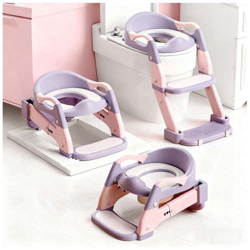 Soluxeo 3-In-1 Potty Training Seat, Adjustable and Foldable Step Stool with Safety Harnes, Upgrade Toddler Toilet Seat for Kids Boys Girls, Purple