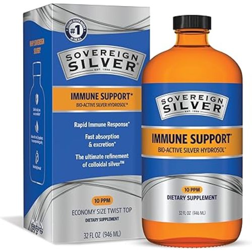 Sovereign Silver Immune Support - Colloidal Silver, Bio-Active Silver Hydrosol, 10 ppm, Liquid Twist Top, 32 Fl Oz, (946 mL)