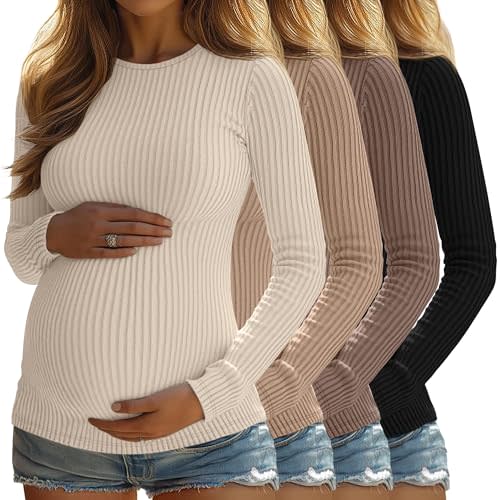 Sweetyweee 4 Pack Womens Maternity Shirts Ribbed Knit Long Sleeve Pregnancy Tops Casual Crew Neck Basic Tunic Shirts