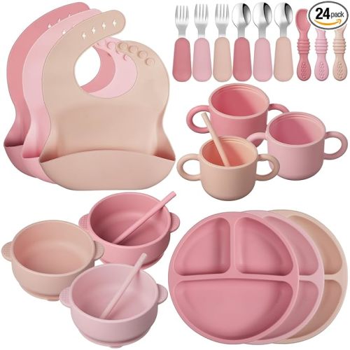 24 Pack Silicone Baby Feeding Set Baby LED Weaning Supplies Includes Suction Divided Plates Soft Bowl Spoons Forks Adjustable Bib Snack Cup and Straws(Dark Pink, Dusty Pink, Peach Color)