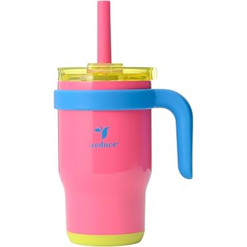 REDUCE 14 Oz Coldee Kids Tumbler with Lid and Straw - Coldee Insulated Travel Mug - Spill-Proof, Sweatproof Stainless Steel, BPA-Free - Includes Handle, Reusable Silicone Straw - Taffy Pink
