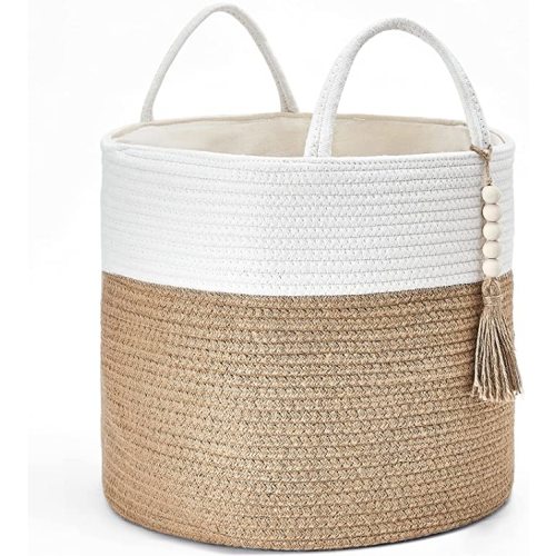 Mkono Woven Storage Basket Decorative Natural Rope Basket Wooden Bead Decoration for Blankets,Toys,Clothes,Shoes,Plant Organizer Bin with Handles Living Room Home, 16" Wx13.8 L, Cream White and Brown