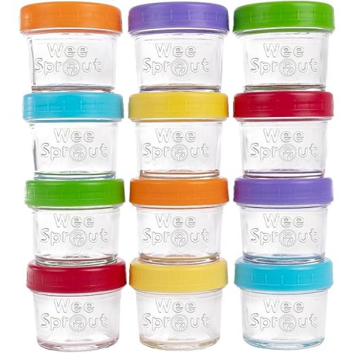 WeeSprout Glass Baby Food Storage Jars w/Lids (4 oz, 12 Pack Set) Snack, Puree, Reusable Small Containers, Breast Milk, Fridge or Freezer, Microwave & Dishwasher Safe, Essential Must Have for Infants