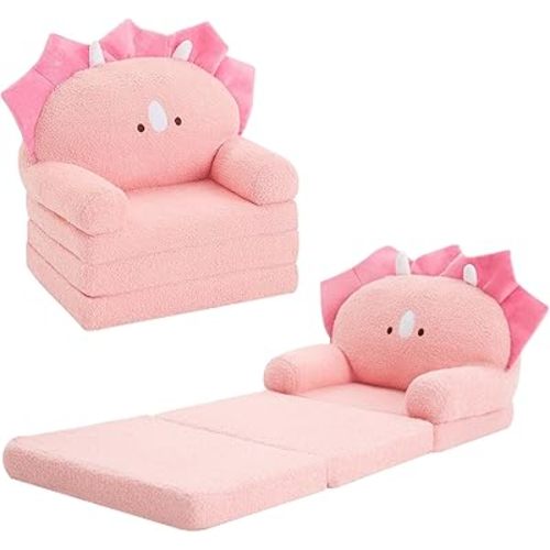 MOONBEEKI Comfy Toddler Chair, Kids Couch Fold Out to Lounger, Foldable Baby Sofa Plush for Girl and Boy Age 18 Months and Up （Pink Triceratops）