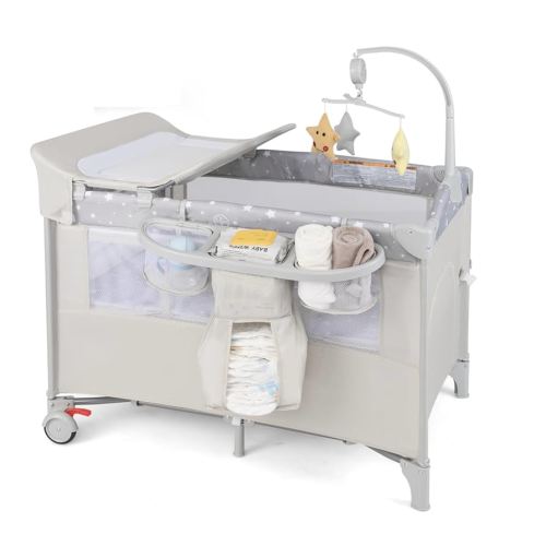 BABY JOY 5-in-1 Pack and Play, Portable Baby Bedside Sleeper with Bassinet, U-Shaped Diaper Changer, Safety Strap, Side Zipper Entrance, Hangings, Bedside Crib Playard from Newborn to Toddlers (Beige)