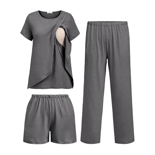 Ekouaer 3 PCS Maternity Nursing Pajamas Set Postpartum Breastfeeding PJS | 3-Piece Set, Including Short Sleeve Shirts, Pregnancy Shorts & Pants, Buttery Soft, Skin-Friendly Feel