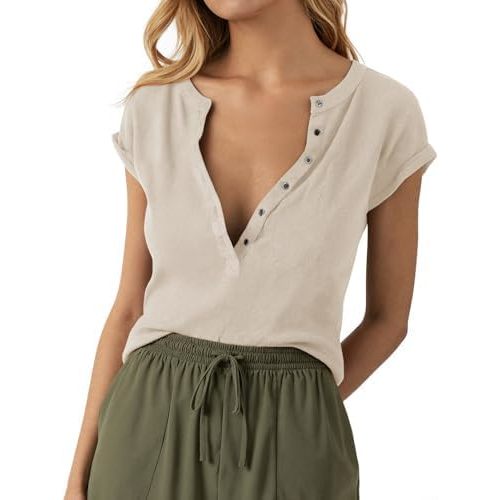 Tankaneo Women Deep V Neck Low Cut Tops Casual Ribbed Knit Henley T-Shirts Summer Short Sleeve Tees