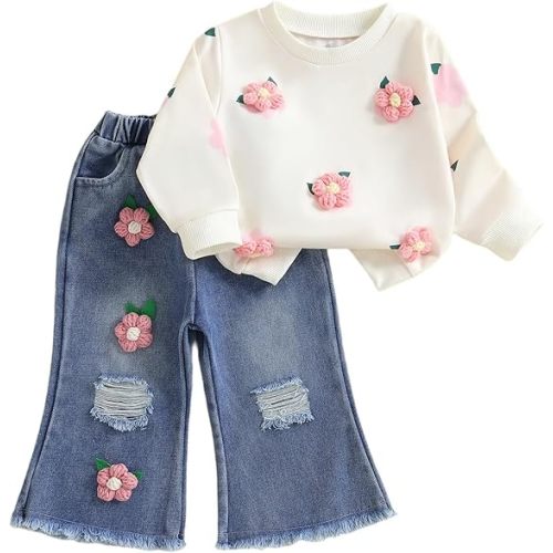 6-12 Month Winter Baby Girl Outfit Floral Sweatshirt Bell Bottom Jeans Pants Spring Clothing