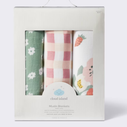 Muslin Swaddle Baby Blanket - Floral Gingham - 3pk - Cloud Island™
