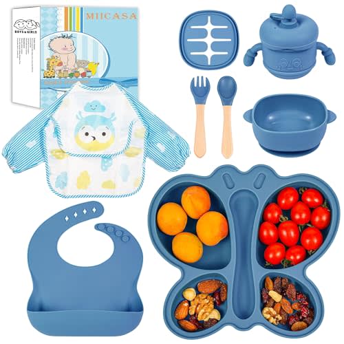 Silicone Baby Feeding Set, Baby Led Weaning Supplies, Silicone Suction Butterfly Plate, Bowl, Spoons, Fork and Waterproof Bib & Cloth Bib, Eating Utensils Baby Feeding Essentials (Blue)